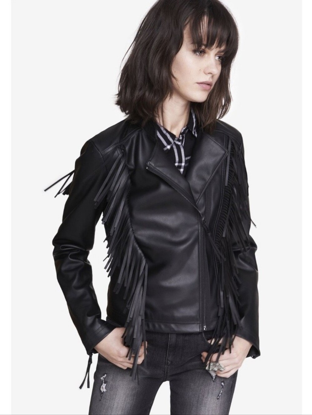Express vegan leather jacket fringe black moto women's Size XS